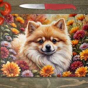 Pomeranian Dog Fall Kitchen Textured Tempered Glass Trivet/Cutting Board